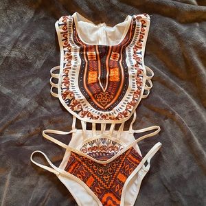 White and orange print Cut-out swimsuit